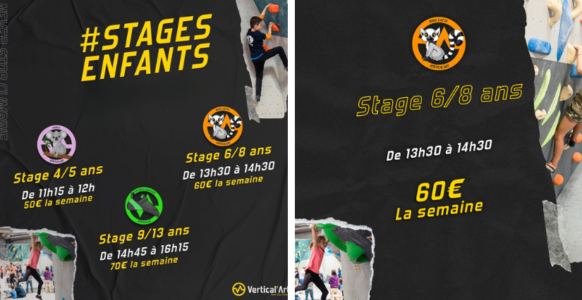 Stages d'escalade des vacances de la Toussaint pour les 6/8 ans avec Vertical'Art au Mans